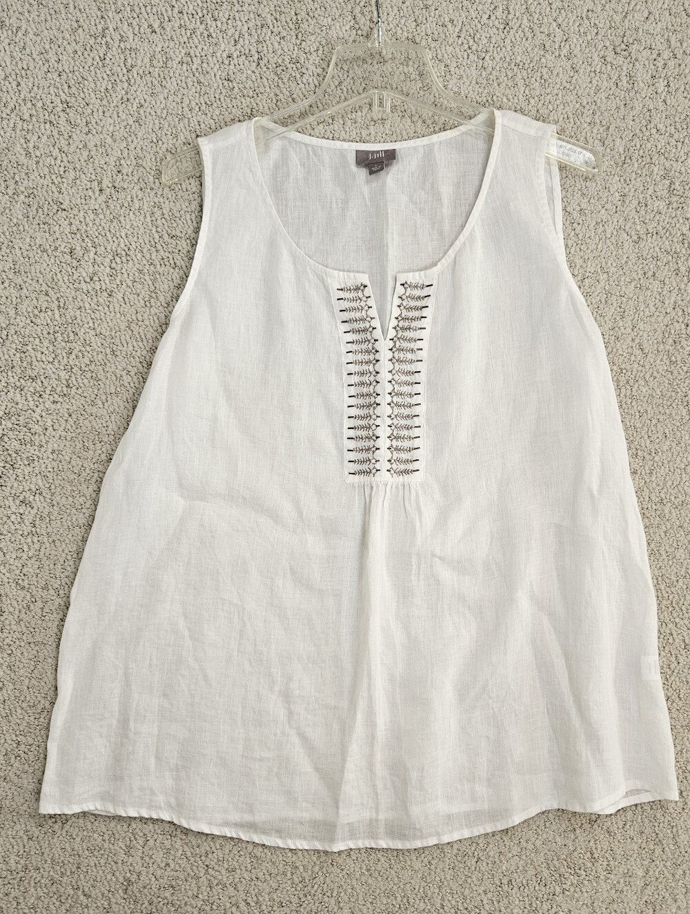 J Jill Linen Tank Sleeveless Shirt White Beaded Embroidered Womens Large Flaw